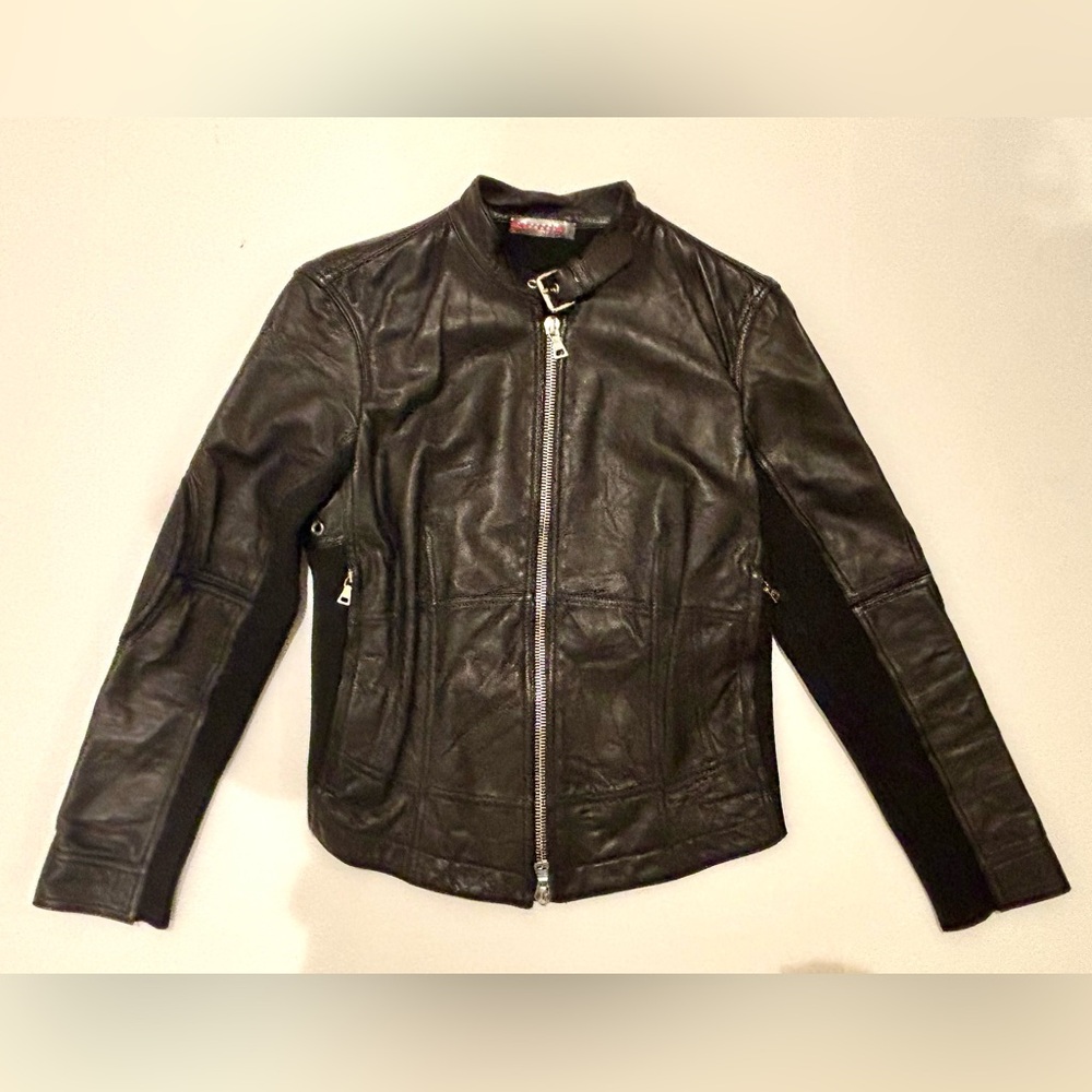 Rare Prada Vintage Black Leather and Cotton Jacket— Art. 148069 - size 42